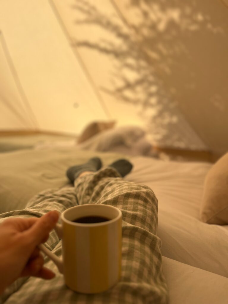 Cosy bell tent interior at night