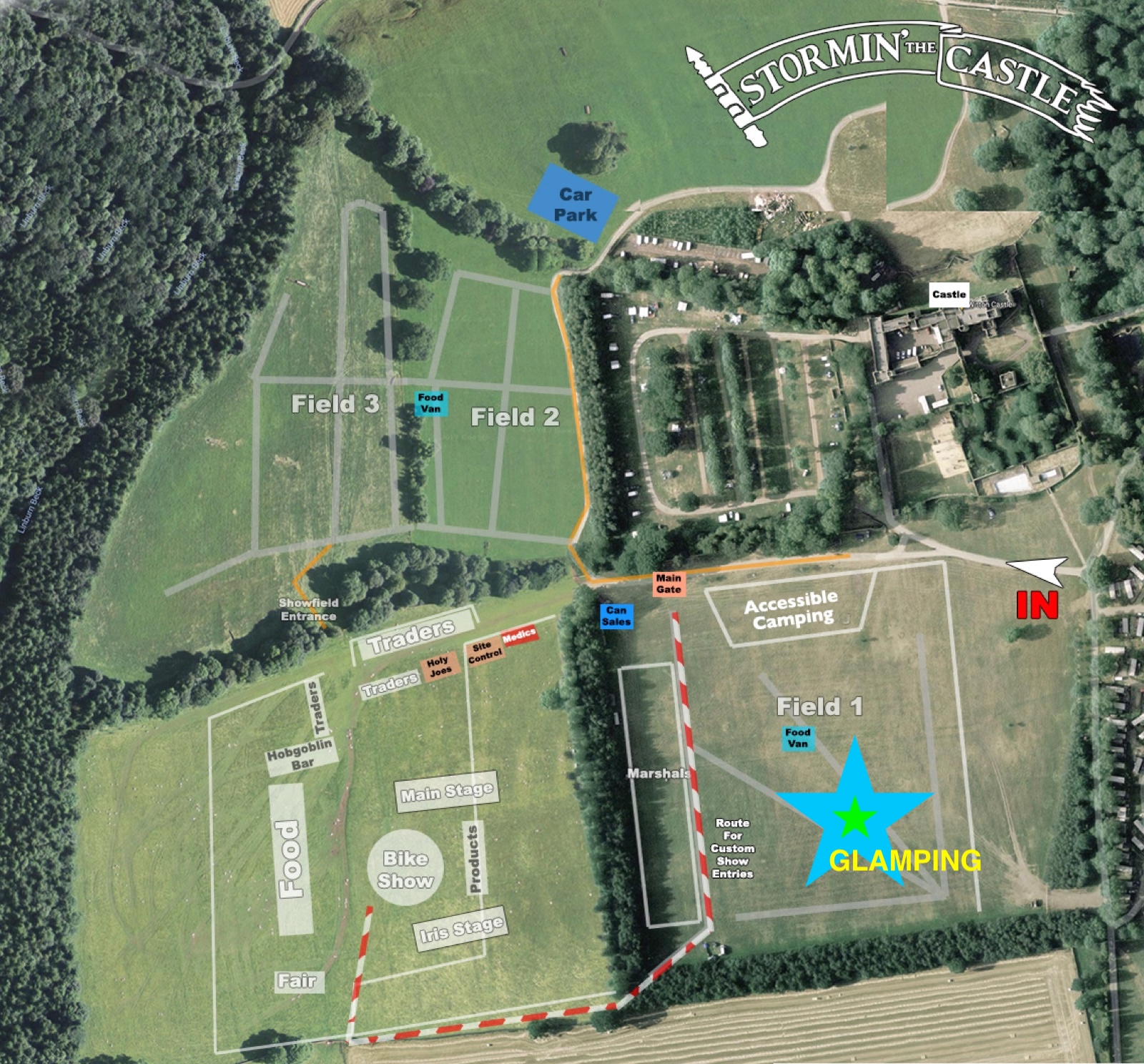 Stormin' the Castle site map showing Field 1 (glamping), Car Park, Show Field with Main Stage and Bike Show, and the castle