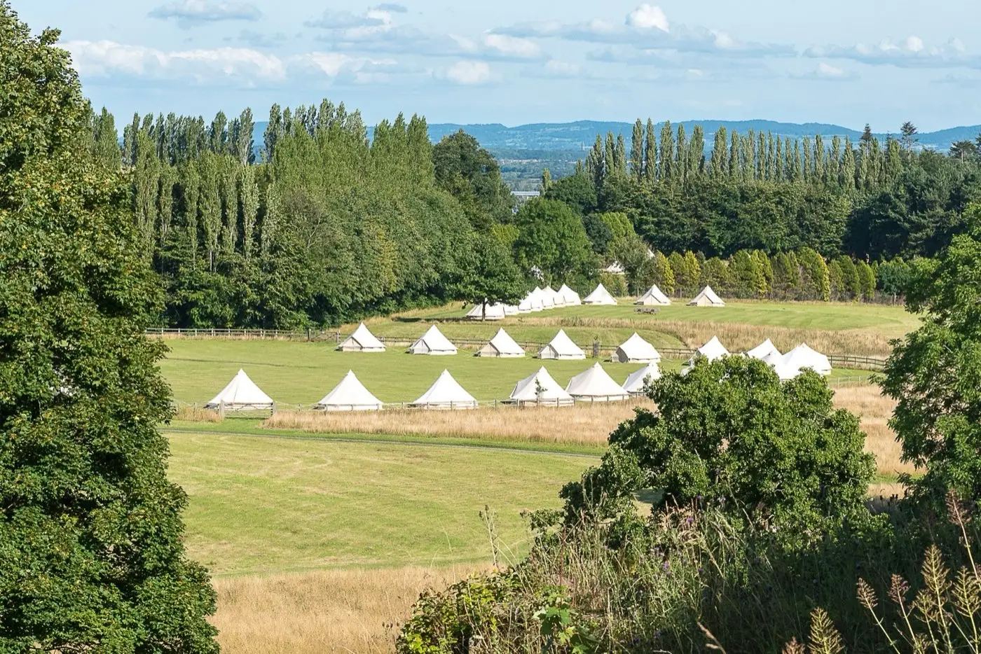 A row of pre-pitched bell tents across an open field, ready for Into the Burrow