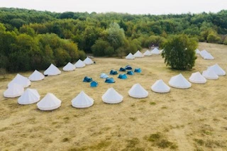 Wider aerial of the Wild in the Woods camping field, woodland on three sides