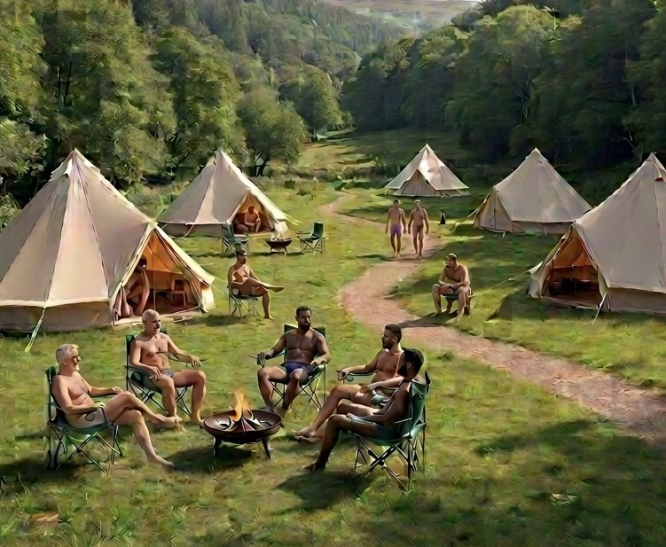 Wild in the Woods: bell tents pitched in a wooded valley, campers sat round a fire pit