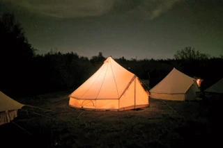Bell tents lit from inside at night at Wild in the Woods